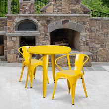 Load image into Gallery viewer, 30" Round Yellow Metal Indoor-Outdoor Table Set with 2 Arm Chairs
