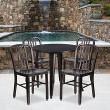 Load image into Gallery viewer, 30" Round Black-Antique Gold Metal Table Set with 4 Vertical Slat Back Chairs
