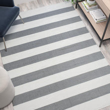 Load image into Gallery viewer, 5' x 7' Grey &amp; White Striped Handwoven Cabana Style Stain Resistant Area Rug
