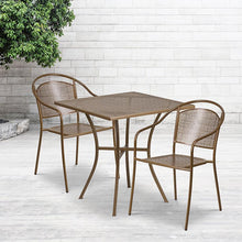Load image into Gallery viewer, 28" Square Gold Indoor-Outdoor Steel Patio Table Set with 2 Round Back Chairs
