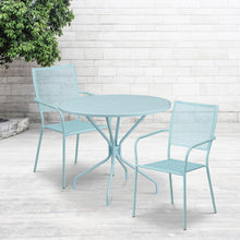 Load image into Gallery viewer, 35.25" Round Sky Blue Indoor-Outdoor Steel Patio Table Set with 2 Back Chairs
