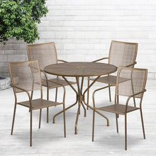 Load image into Gallery viewer, 35.25" Round Gold Indoor-Outdoor Steel Patio Table Set with 4 Square Back Chairs

