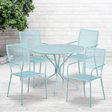 Load image into Gallery viewer, 35.25" Round Sky Blue Indoor-Outdoor Steel Patio Table Set with 4 Back Chairs
