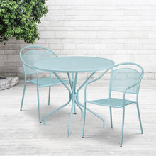 Load image into Gallery viewer, 35.25" Round Sky Blue Indoor-Steel Patio Table Set with 2 Round Back Chairs
