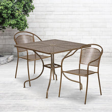 Load image into Gallery viewer, 35.5" Square Gold Indoor-Outdoor Steel Patio Table Set with 2 Round Back Chairs

