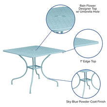 Load image into Gallery viewer, 35.5" Square Sky Blue Indoor-Outdoor Steel Patio Table with Umbrella Hole
