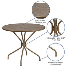 Load image into Gallery viewer, 35.25" Round Gold Indoor-Outdoor Steel Patio Table with Umbrella Hole
