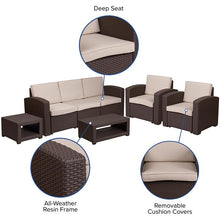 Load image into Gallery viewer, 5 Piece Outdoor Faux Rattan Chair, Sofa and Table Set in Seneca Chocolate Brown
