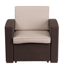 Load image into Gallery viewer, Chocolate Brown Faux Rattan Chair with All-Weather Beige Cushion
