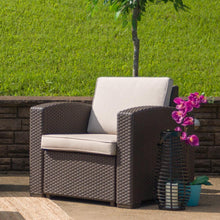 Load image into Gallery viewer, Chocolate Brown Faux Rattan Chair with All-Weather Beige Cushion
