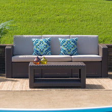 Load image into Gallery viewer, Chocolate Brown Faux Rattan Sofa with All-Weather Beige Cushions
