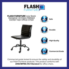 Load image into Gallery viewer, Low Back Armless Black Ribbed Swivel Task Office Chair with Black Frame and Base
