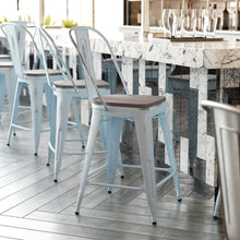 Load image into Gallery viewer, 24" High Green-Blue Metal Counter Height Stool with Gray Poly Resin Wood Seat
