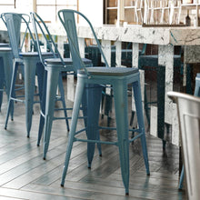 Load image into Gallery viewer, 30" High Kelly Blue-Teal Metal Barstool with Teal-Blue Poly Resin Wood Seat
