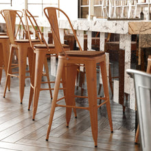 Load image into Gallery viewer, 30" High Orange Metal Indoor-Outdoor Barstool with Teak Poly Resin Wood Seat

