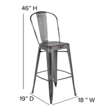 Load image into Gallery viewer, 30" High Distressed Silver Gray Metal Indoor-Outdoor Barstool with Back
