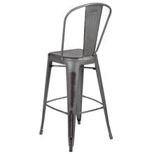 Load image into Gallery viewer, 30" High Distressed Silver Gray Metal Indoor-Outdoor Barstool with Back
