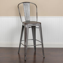 Load image into Gallery viewer, 30" High Distressed Silver Gray Metal Indoor-Outdoor Barstool with Back
