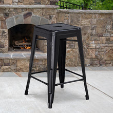 Load image into Gallery viewer, 24" High Backless Distressed Black Metal Indoor-Outdoor Counter Height Stool
