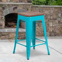 Load image into Gallery viewer, 24" High Backless Crystal Teal-Blue Counter Height Stool with Square Wood Seat
