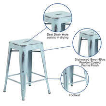 Load image into Gallery viewer, 24" High Distressed Green-Blue Metal Indoor-Outdoor Counter Height Stool
