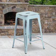 Load image into Gallery viewer, 24" High Distressed Green-Blue Metal Indoor-Outdoor Counter Height Stool
