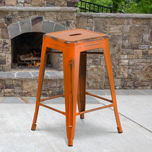 Load image into Gallery viewer, 24" High Backless Distressed Orange Metal Indoor-Outdoor Counter Height Stool
