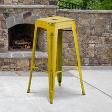 Load image into Gallery viewer, 30" High Backless Distressed Yellow Metal Indoor-Outdoor Barstool
