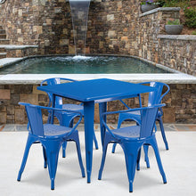 Load image into Gallery viewer, 31.5" Square Blue Metal Indoor-Outdoor Table Set with 4 Arm Chairs
