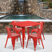 Load image into Gallery viewer, 31.5" Square Red Metal Indoor-Outdoor Table Set with 4 Arm Chairs
