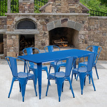 Load image into Gallery viewer, 1.5&quot; x 63&quot; Rectangular Blue Metal Indoor-Outdoor Table Set with 6 Stack Chairs
