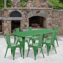 Load image into Gallery viewer, 1.5&quot; x 63&quot; Rectangular Green Metal Indoor-Outdoor Table Set with 6 Stack Chairs
