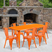 Load image into Gallery viewer, 1.5&quot; x 63&quot; Rectangular Orange Metal Indoor-Outdoor Table Set with 6 Stack Chairs
