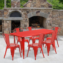 Load image into Gallery viewer, 1.5&quot; x 63&quot; Rectangular Red Metal Indoor-Outdoor Table Set with 6 Stack Chairs
