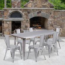 Load image into Gallery viewer, 1.5&quot; x 63&quot; Rectangular Silver Metal Indoor-Outdoor Table Set with 6 Stack Chairs
