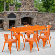 Load image into Gallery viewer, 31.5" x 63" Rectangular Orange Metal Indoor-Outdoor Table Set with 6 Arm Chairs
