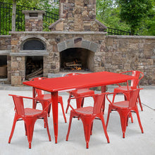 Load image into Gallery viewer, 31.5" x 63" Rectangular Red Metal Indoor-Outdoor Table Set with 6 Arm Chairs
