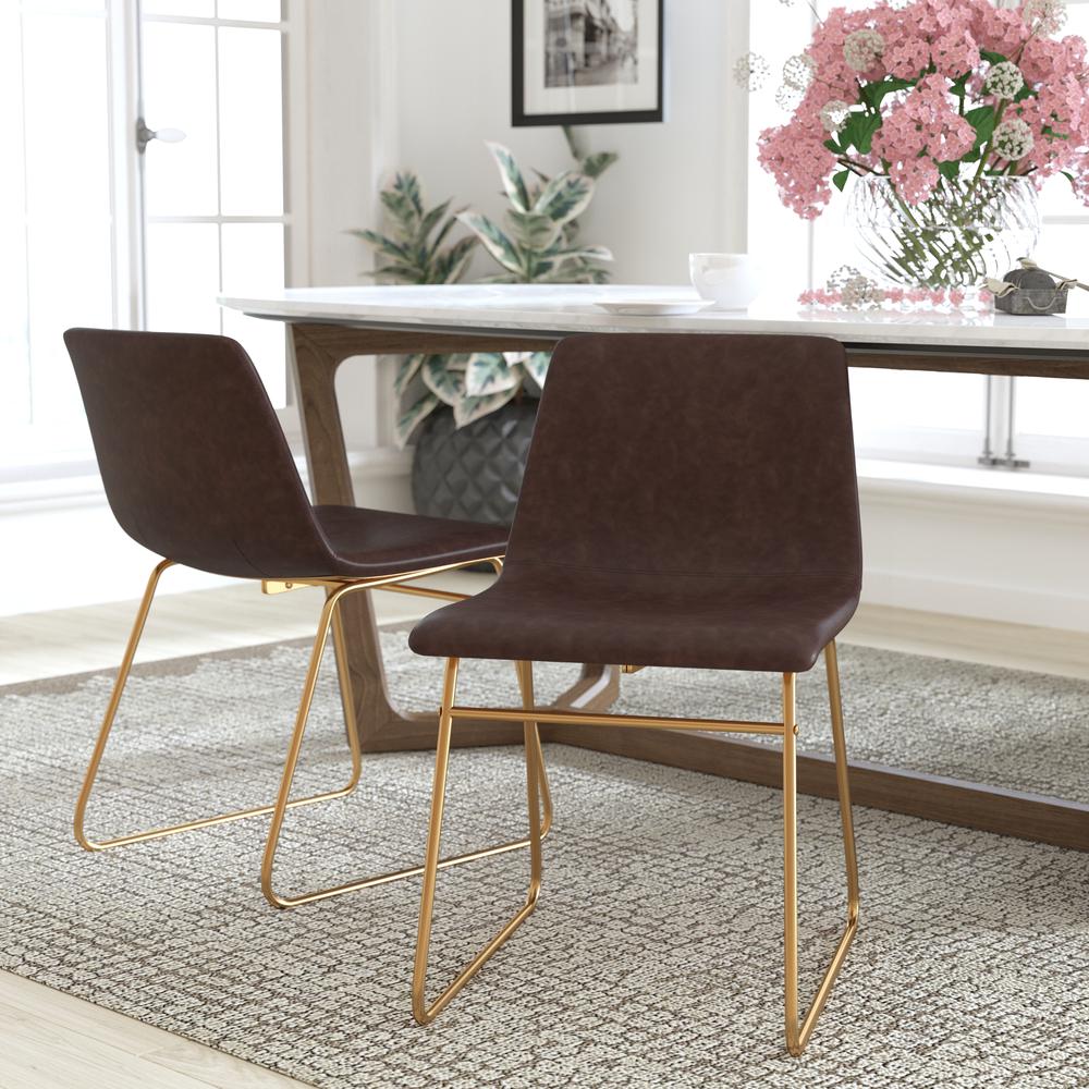 18 in Mid-Back Sled Base Dining Chair in Dark Brown with Gold Frame, Set of 2