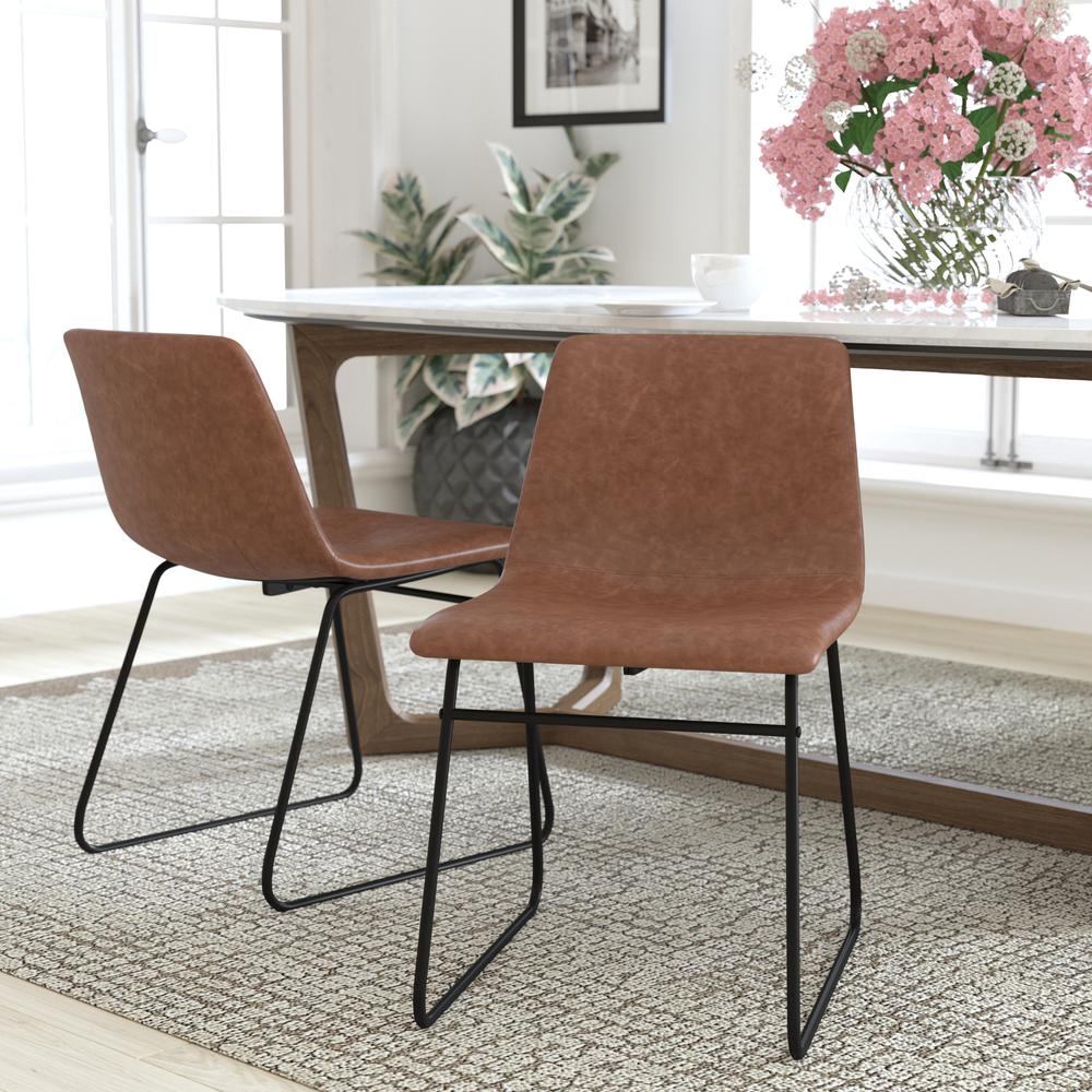 18 in Mid-Back Sled Base Dining Chair in Light Brown with Black Frame, Set of 2