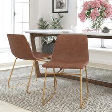 Load image into Gallery viewer, 18 in Mid-Back Sled Base Dining Chair in Light Brown with Gold Frame, Set of 2
