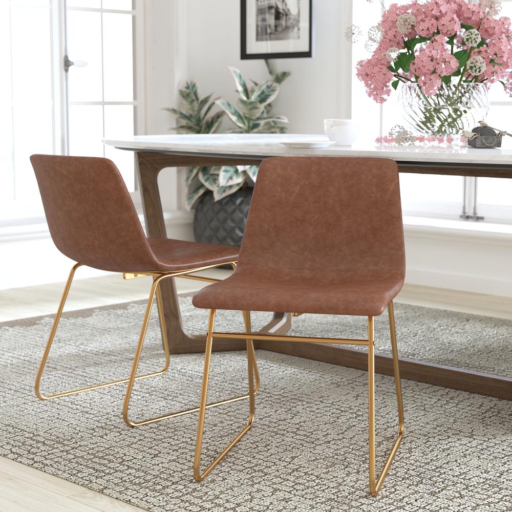 18 in Mid-Back Sled Base Dining Chair in Light Brown with Gold Frame, Set of 2
