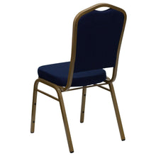 Load image into Gallery viewer, Crown Back Stacking Banquet Chair in Navy Blue Patterned Fabric - Gold Frame
