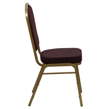 Load image into Gallery viewer, Crown Back Stacking Banquet Chair in Burgundy Patterned Fabric - Gold Frame

