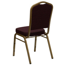 Load image into Gallery viewer, Crown Back Stacking Banquet Chair in Burgundy Patterned Fabric - Gold Frame
