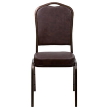 Load image into Gallery viewer, Crown Back Stacking Banquet Chair in Brown Vinyl - Copper Vein Frame
