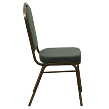 Load image into Gallery viewer, Crown Back Stacking Banquet Chair in Green Patterned Fabric - Gold Vein Frame
