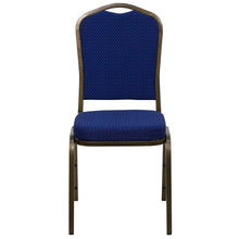 Load image into Gallery viewer, Crown Back Stacking Banquet Chair in Navy Blue Fabric - Gold Vein Frame
