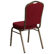 Load image into Gallery viewer, Crown Back Stacking Banquet Chair in Burgundy Fabric - Gold Vein Frame
