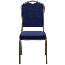 Load image into Gallery viewer, Crown Back Stacking Banquet Chair in Navy Blue Dot Fabric - Gold Vein Frame
