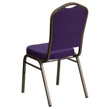 Load image into Gallery viewer, Crown Back Stacking Banquet Chair in Purple Fabric - Gold Vein Frame
